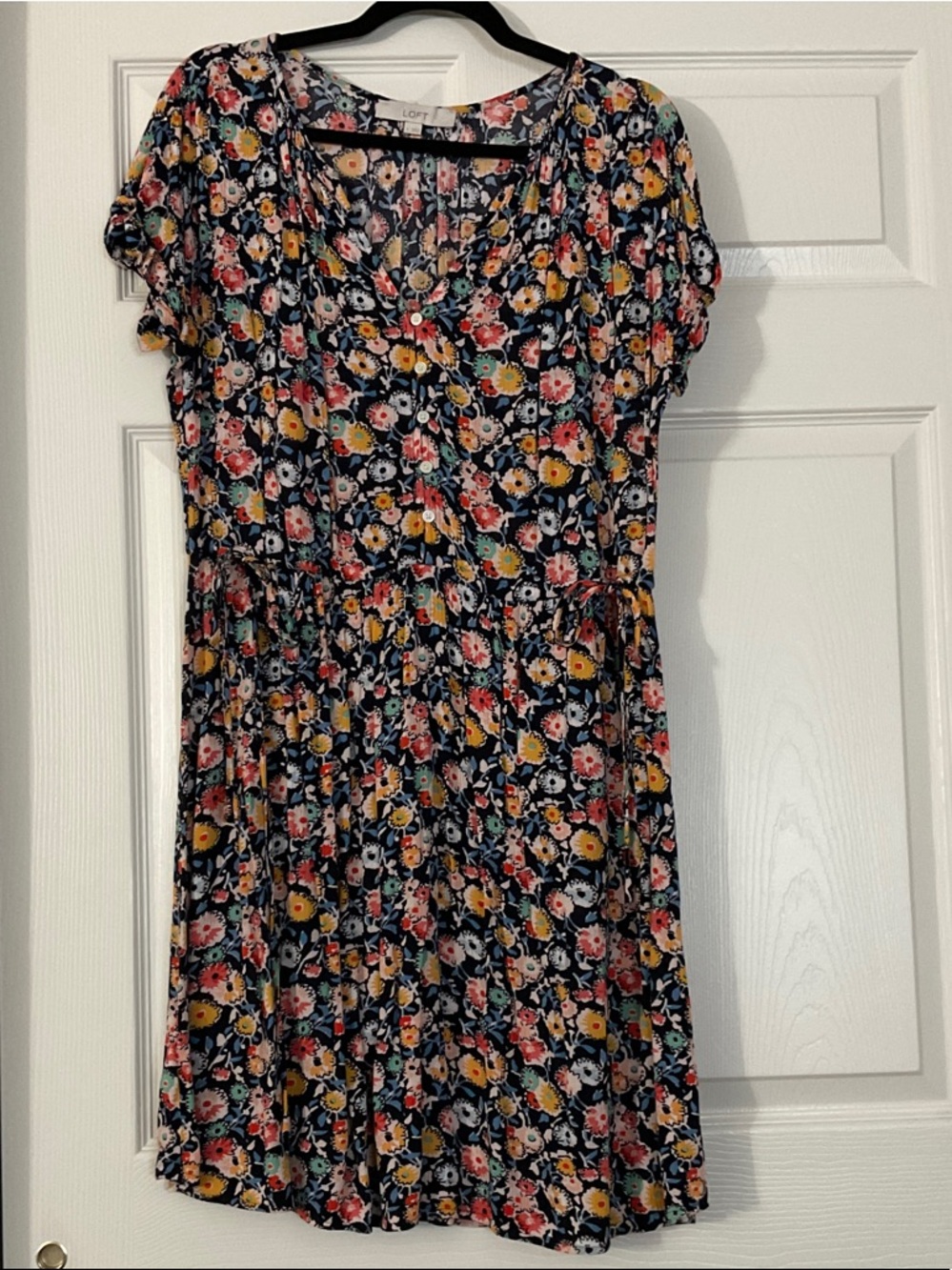 LOFT Navy Floral Button-Front Dress with Multicolor Blooms